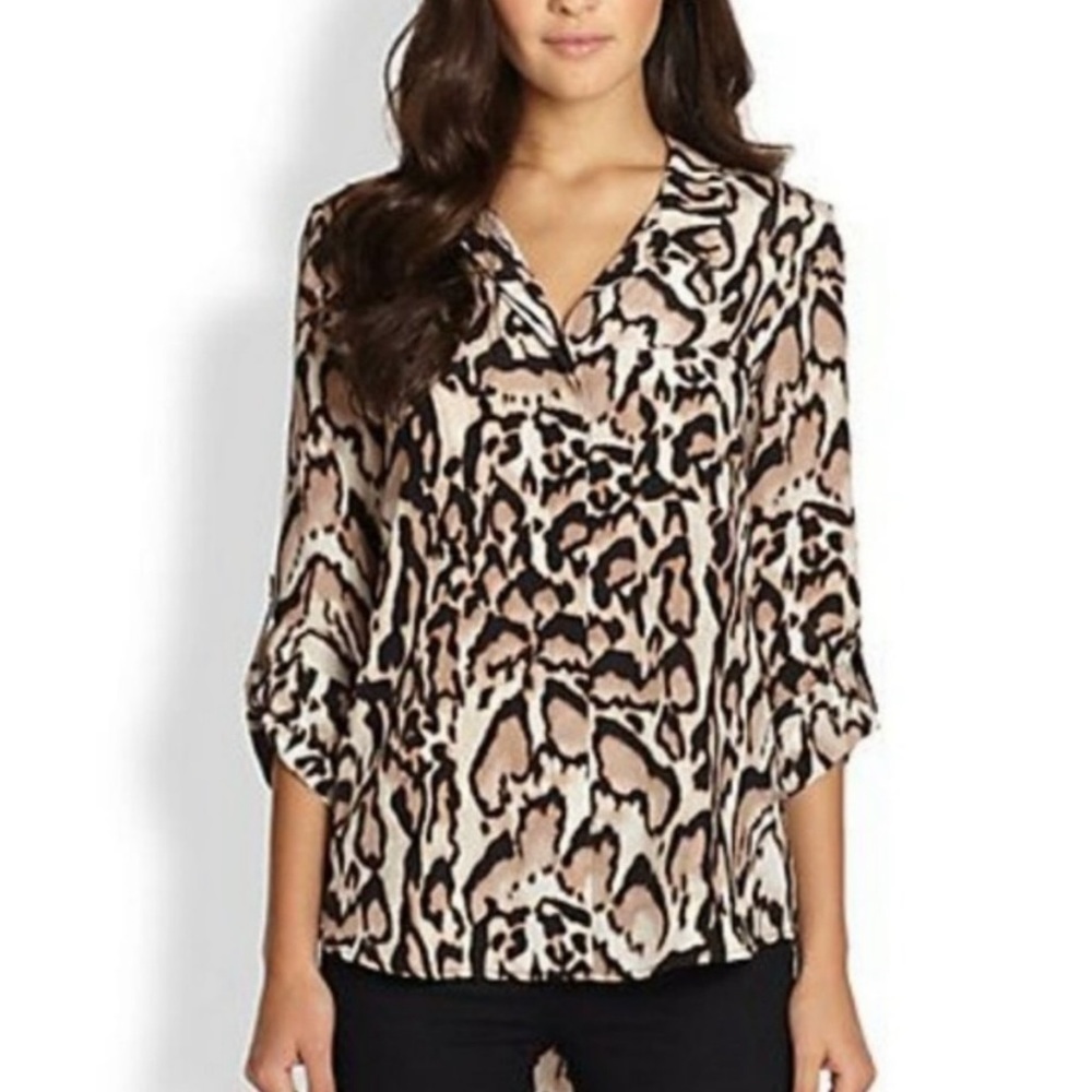 NEW Diane Von Furstenberg Lorelei Animal Print Silk Button Down Blouse Top 4 Tan
